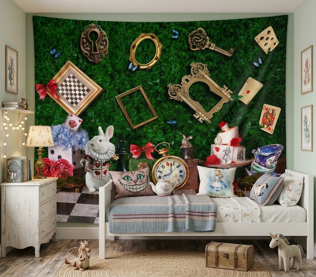 A styled children's bedroom featuring a large green Alice in Wonderland themed wall tapestry as the main background. The room is decorated with various Alice in Wonderland props including a Cheshire Cat pillow, a white rabbit plush, a chessboard, and a vintage-style bed.