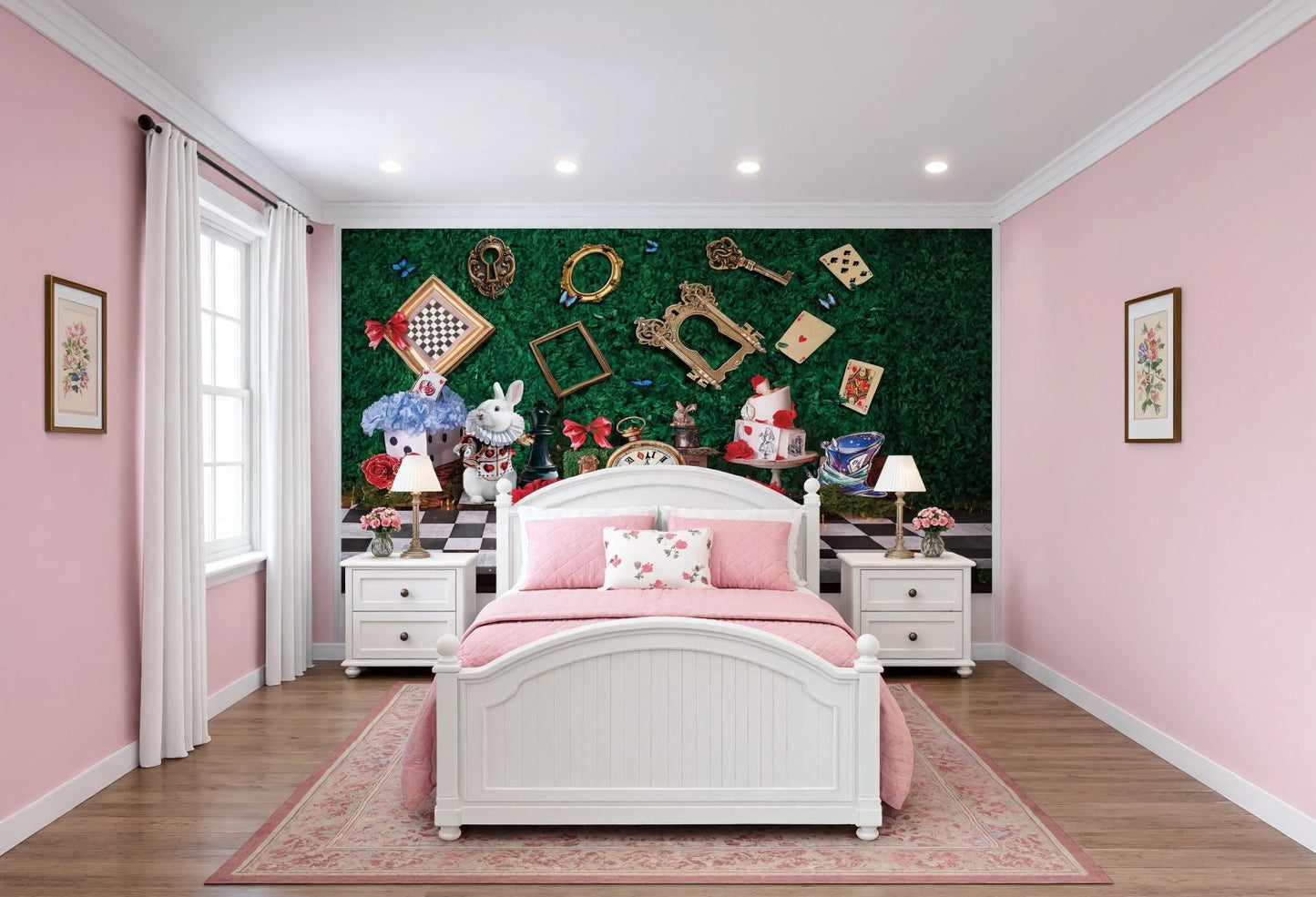 A styled bedroom interior with pink walls, a white wooden bed with pink bedding, matching nightstands, a rug, and a decorative dark green accent wall featuring framed art and whimsical decor.