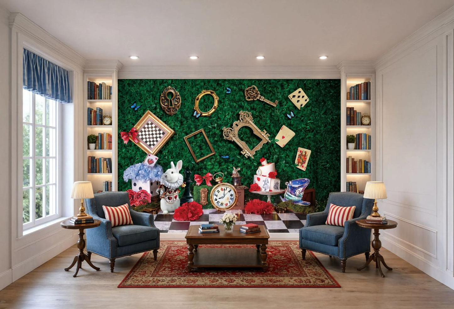Whimsical fairytale wall mural featuring a white rabbit and vintage clocks in a green forest.