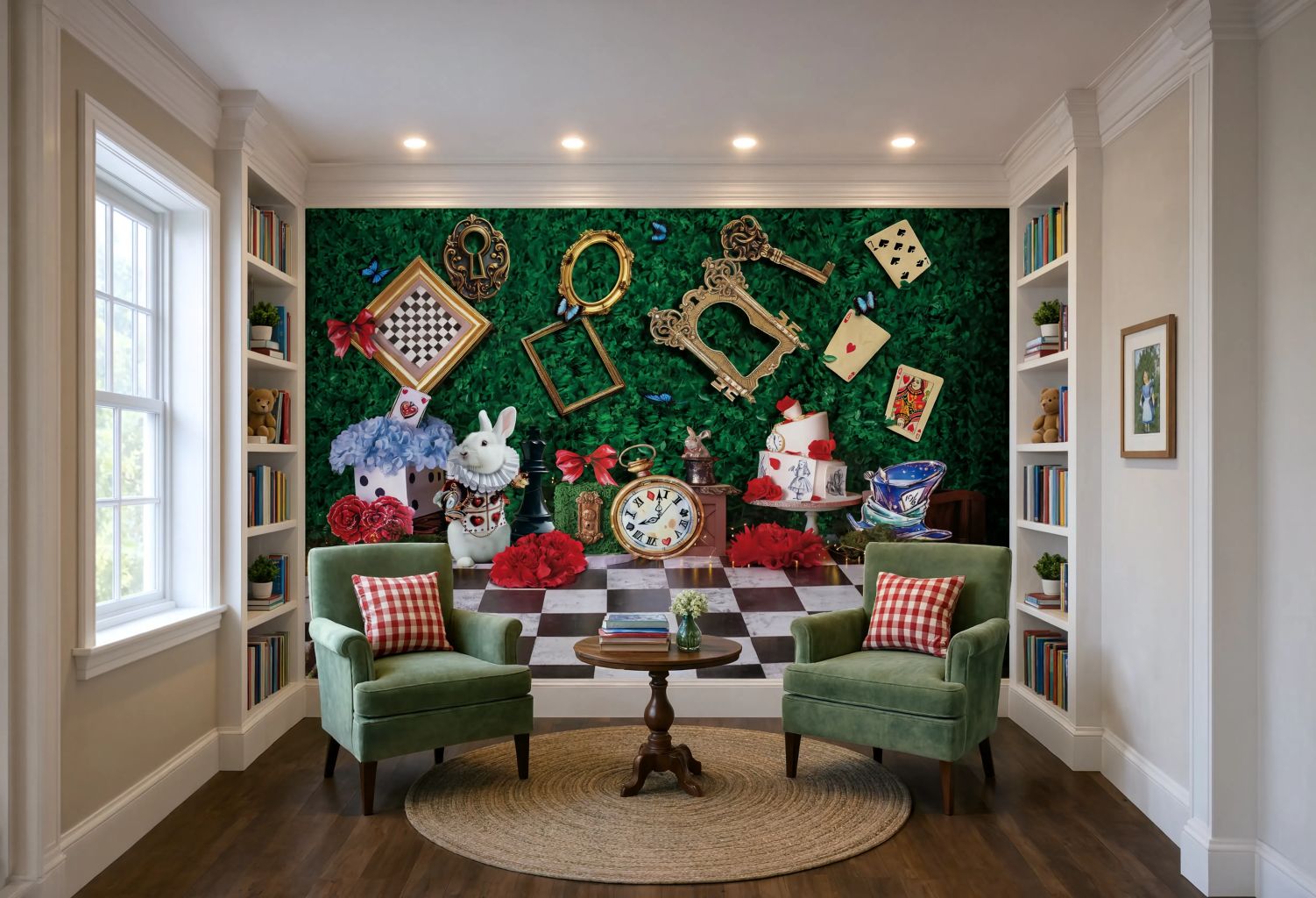 A styled interior room featuring a highly decorative Alice in Wonderland themed wall mural. The mural depicts a green forest background with a black-and-white checkered floor, a white rabbit, a teapot, a clock, and gold-colored keys and frames.