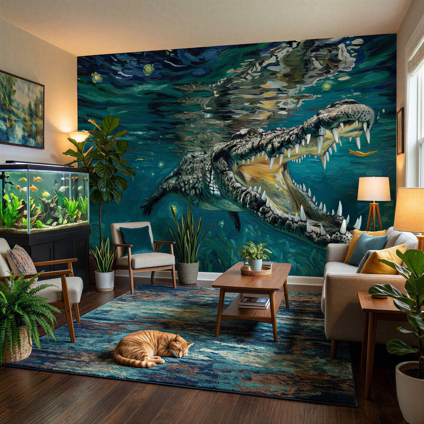 Living room with a large crocodile mural on the wall