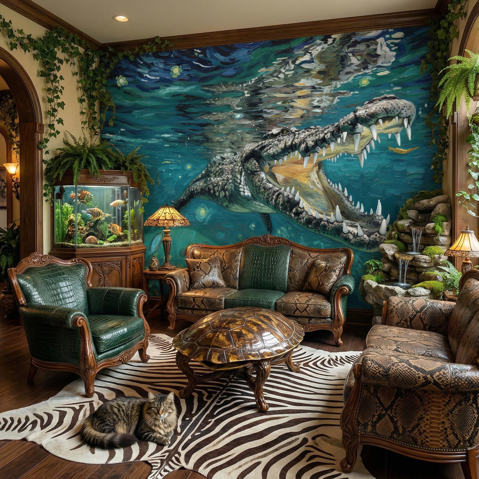 Living room with crocodile mural on the wall, decorative furniture, and aquarium.