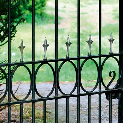 Wrought iron gate with decorative spikes and circular patterns