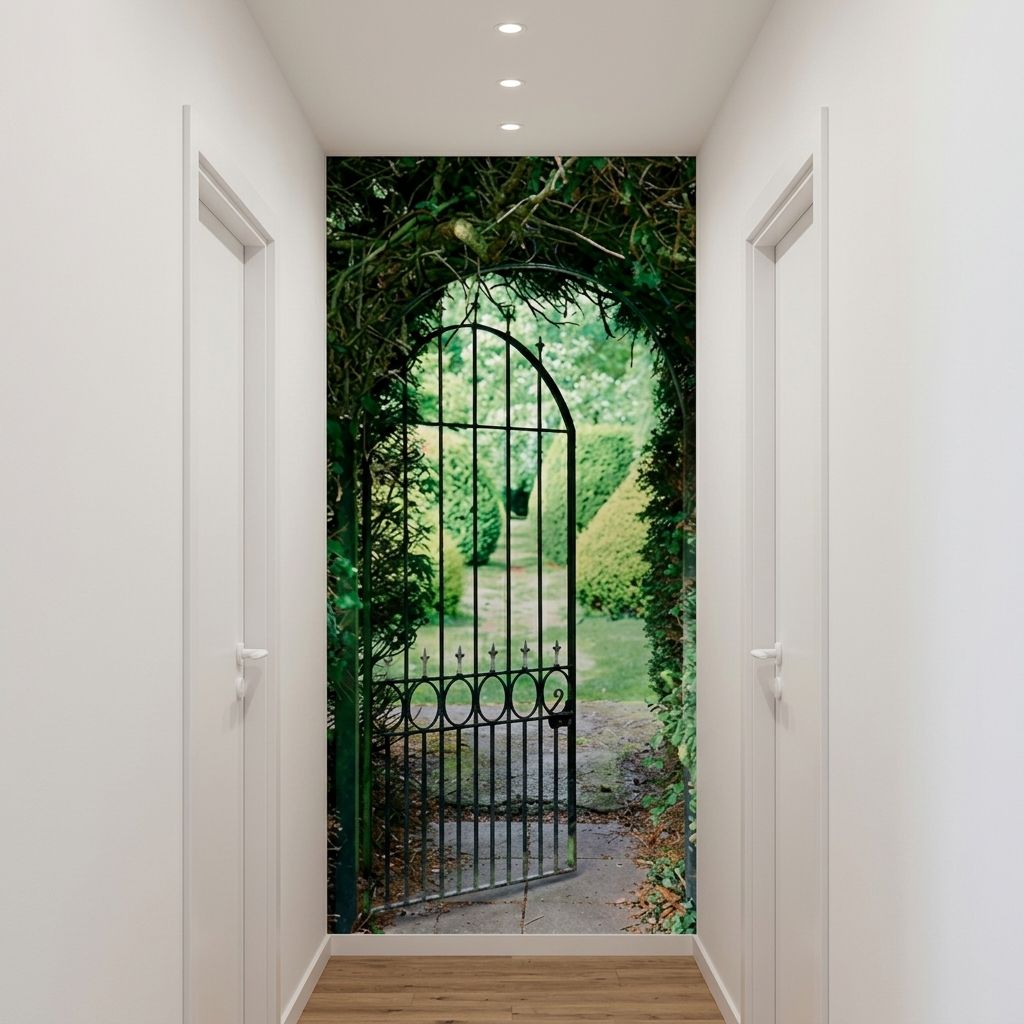 A hallway with white walls and light wood flooring, featuring a large wall mural or wallpaper print of an open black metal garden gate surrounded by lush green vines and foliage.