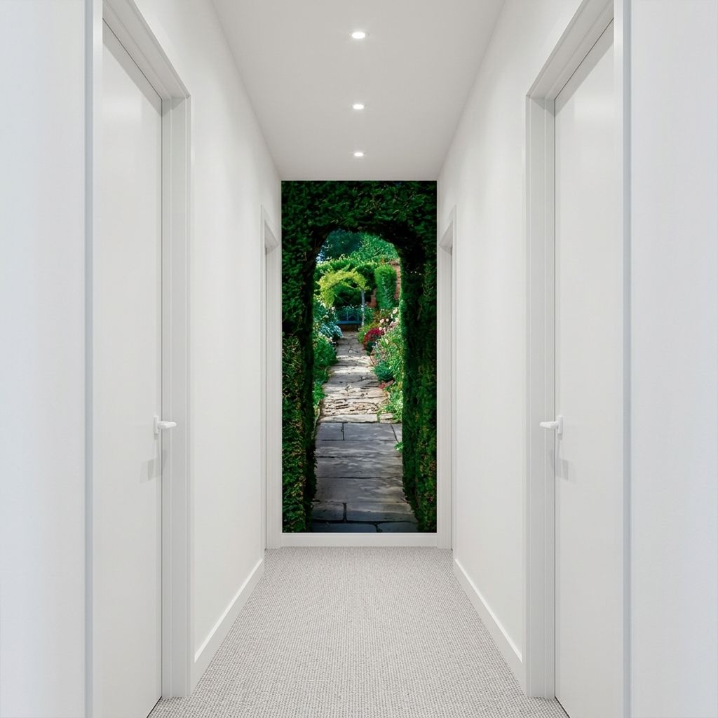 A long white hallway with recessed ceiling lights and two doors on either side, centered on a large wall mural depicting a lush green garden path with stone paving and flowers.