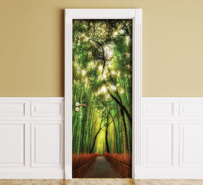 A scenic bamboo forest design, shown installed in a room with beige upper walls, white wainscoting, and a light wood floor.