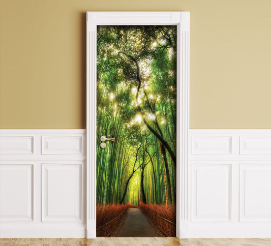 A scenic bamboo forest design, shown installed in a room with beige upper walls, white wainscoting, and a light wood floor.