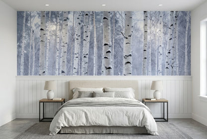Peel and stick vinyl wallpaper showing a continuous vertical forest landscape in soft monochromatic tones.