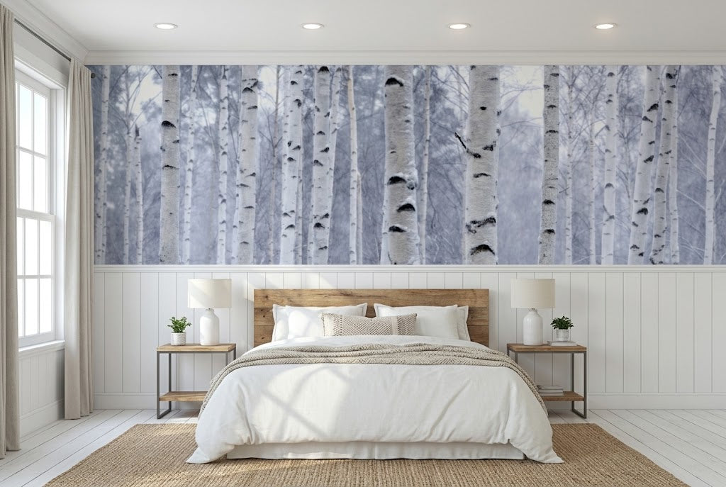 Traditional non-woven wall covering displaying a serene nature scene paired with classic white wainscoting paneling.