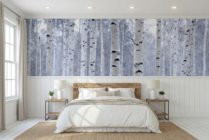 Traditional non-woven wall covering displaying a serene nature scene paired with classic white wainscoting paneling.