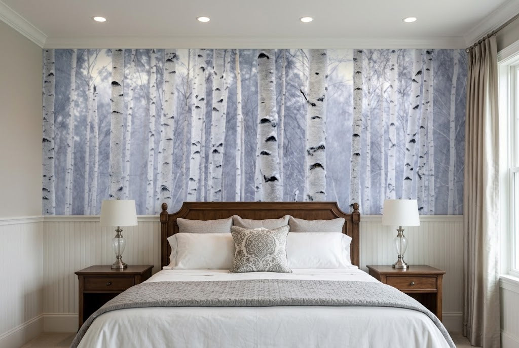 Birch tree wall mural featuring tall white trunks and a misty grey forest background designed for above wainscoting placement.
