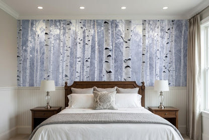 Birch tree wall mural featuring tall white trunks and a misty grey forest background designed for above wainscoting placement.