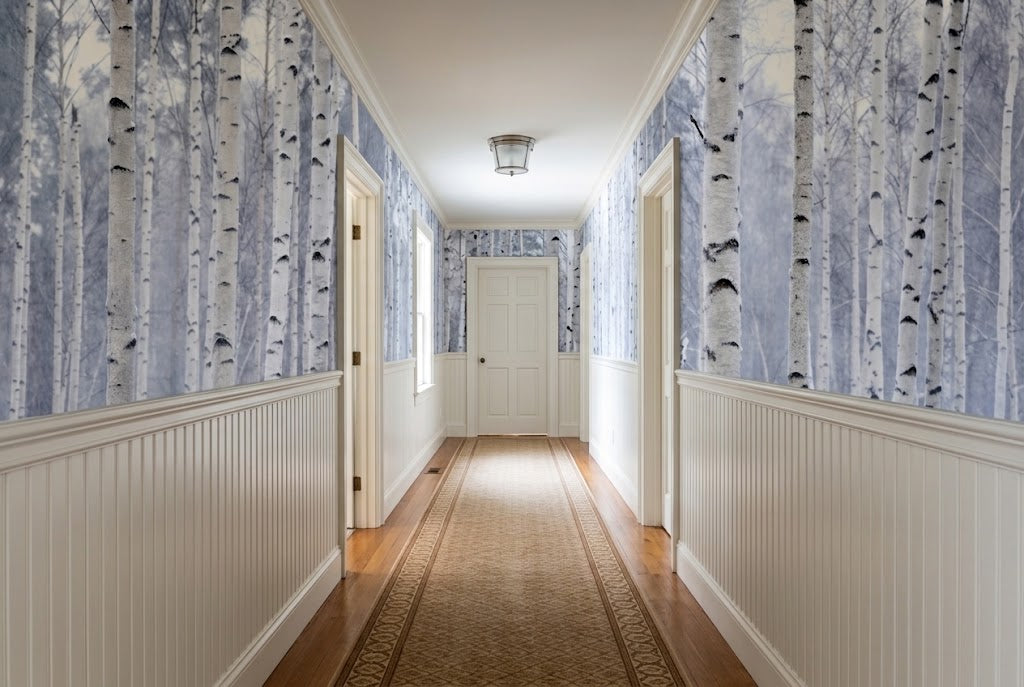A hallway with birch tree wallpaper on the upper walls, white beadboard wainscoting.