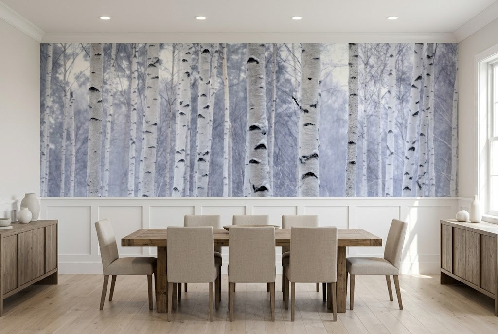 Bright transitional dining room interior styled with an elegant woodland accent wall and modern furnishings.
