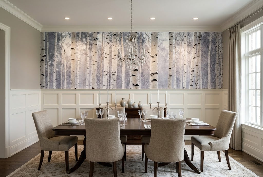 A large wall mural depicting a birch forest with white and gray trunks on a light background, installed in a dining room above a dark wood table and beige upholstered chairs.