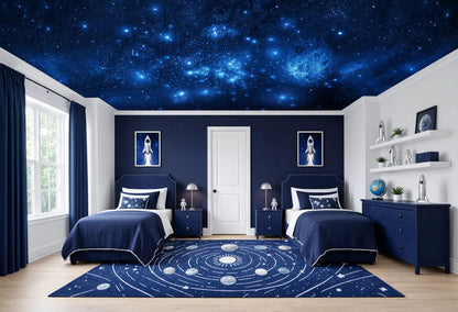 A children's bedroom styled with a space theme, featuring a dark blue ceiling printed with a starry night sky, matching navy bedding and rug on the floor, white walls, and two single beds with rocket-themed wall art.