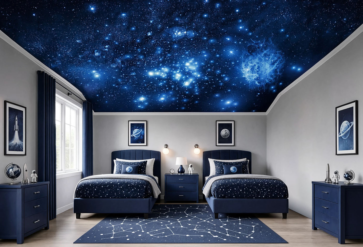 A modern bedroom styled with a galaxy-themed wallpaper mural on the ceiling and matching celestial prints on the walls. The room features two twin beds with navy blue bedding, matching navy nightstands, and a starry pattern rug on a light wood floor.