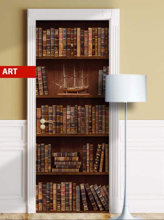 Door with bookshelf mural