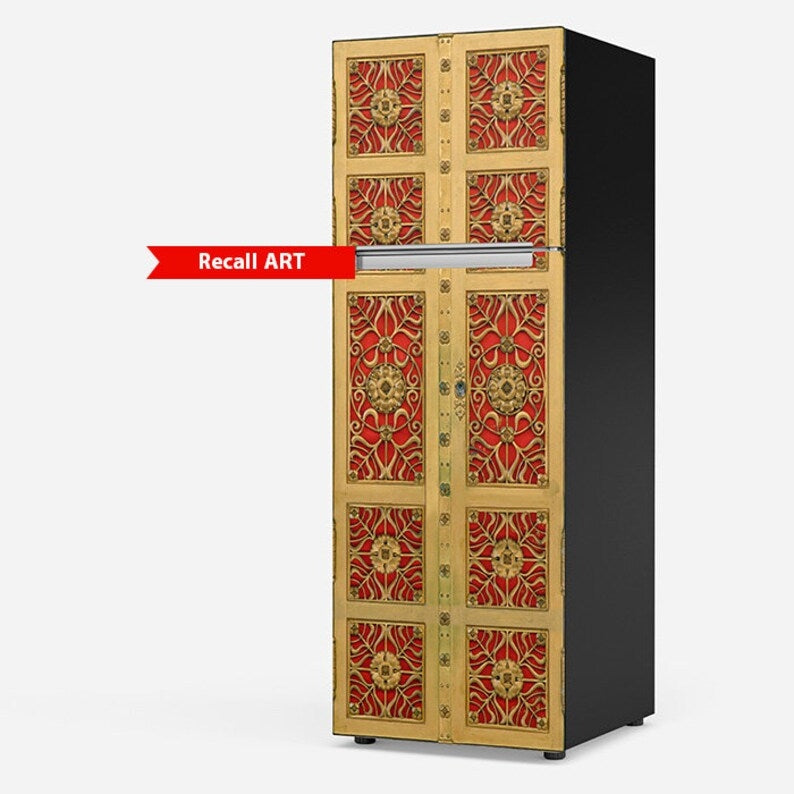 Art Deco Brass Fridge Door Sticker, Refrigerator Wrap Decal