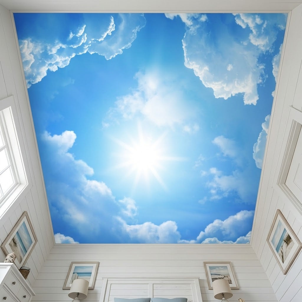 Bedroom ceiling styled with a bright blue sky and sun cloud mural.