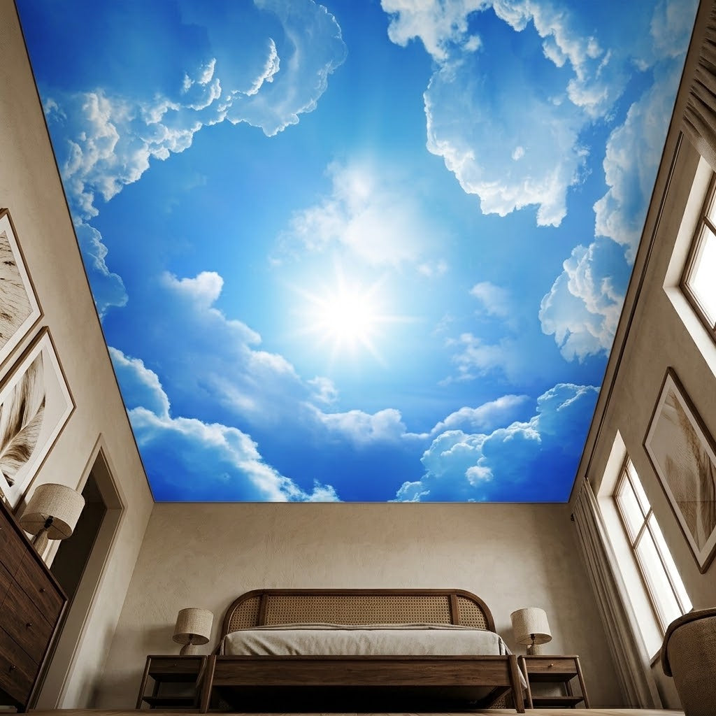 Blue sky ceiling mural featuring fluffy white clouds and a bright central sunburst.