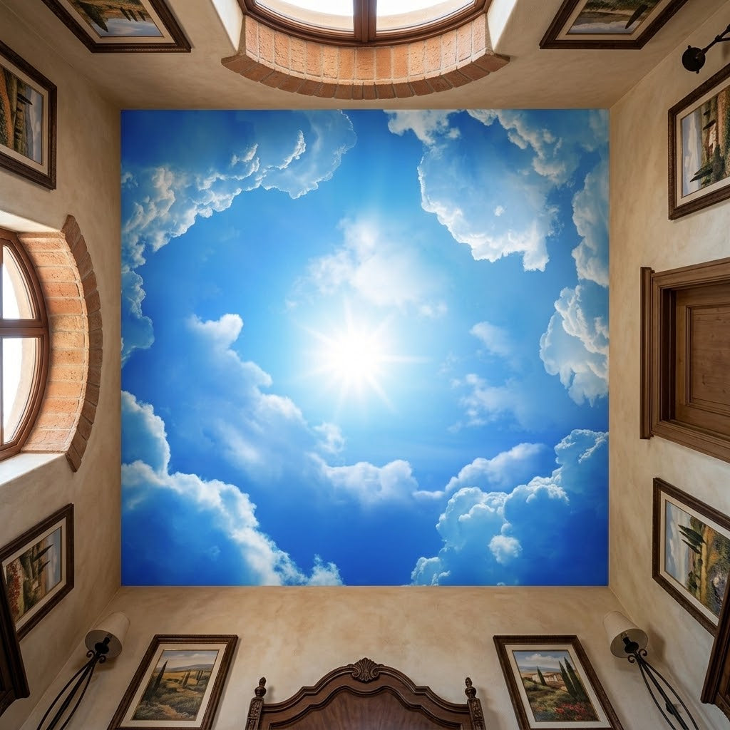 Skylight optical illusion wall mural installed on a bedroom ceiling.