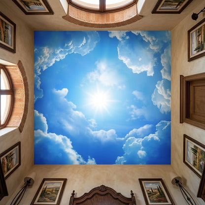 Skylight optical illusion wall mural installed on a bedroom ceiling.