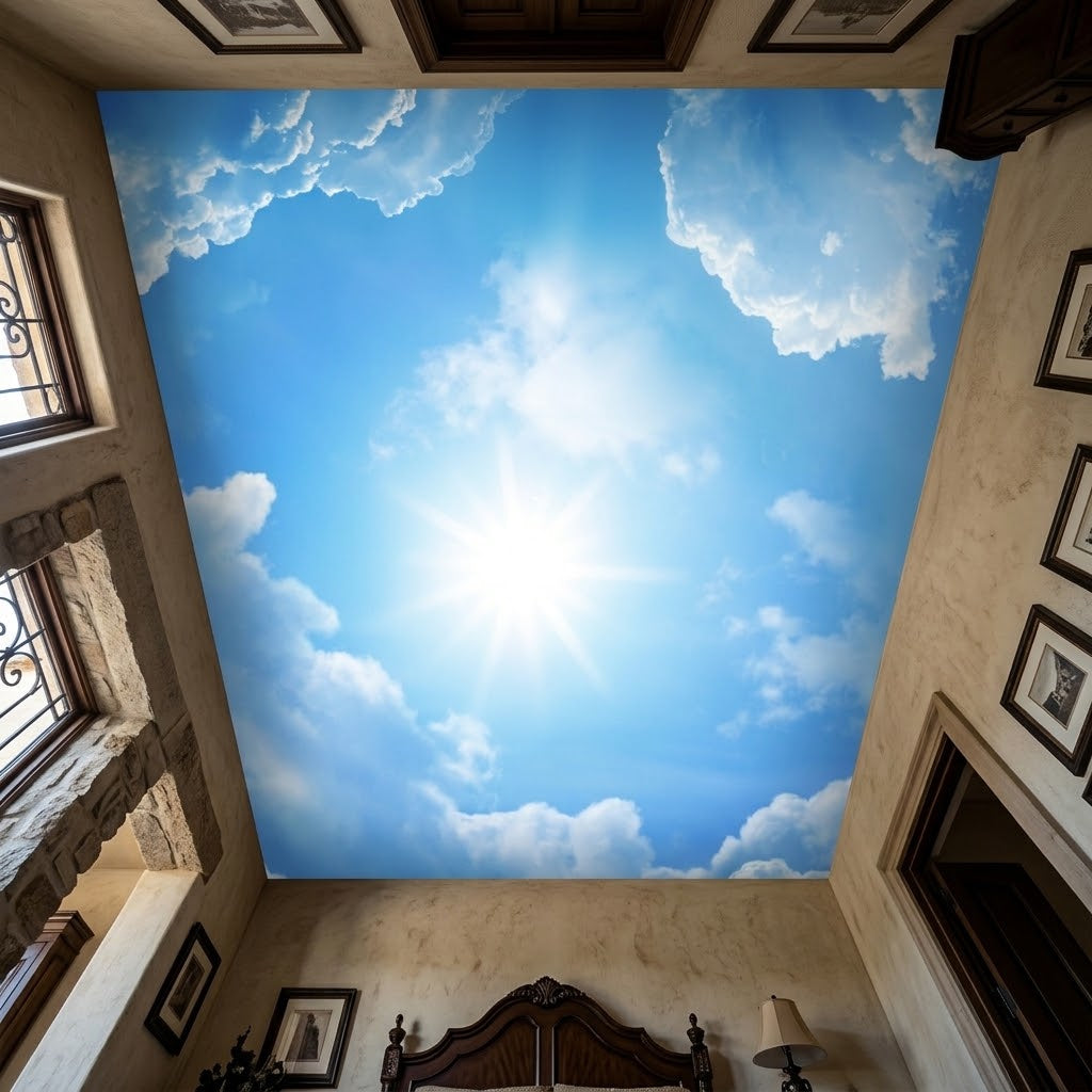 A large wall mural or wallpaper depicting a bright blue sky with white clouds and a sunburst, installed on a ceiling in a high-ceilinged room with beige walls and dark wood trim.