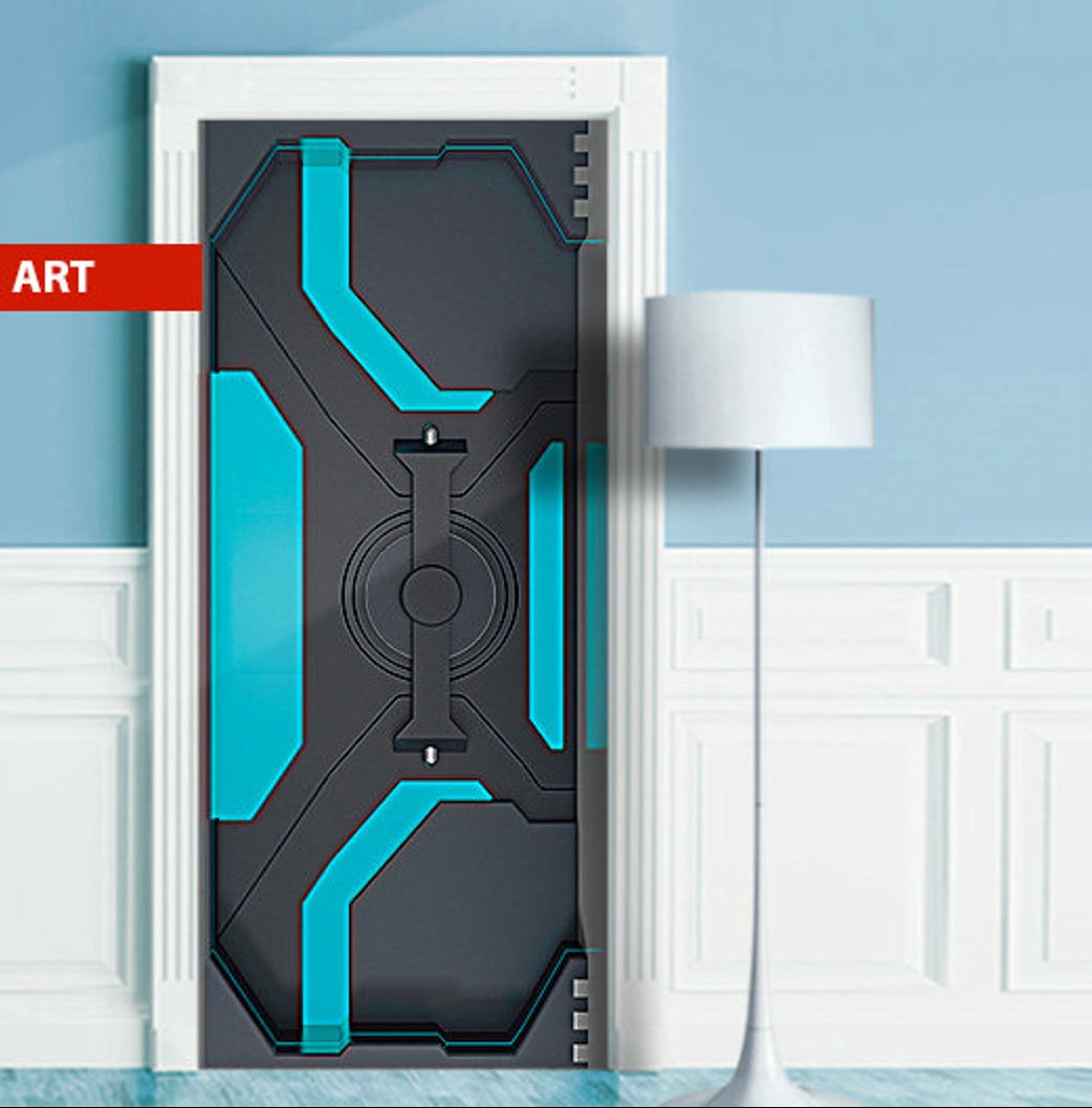 Cyberpunk Door Wrap Peel and Stick 3D Cyan Bulkhead Hatch