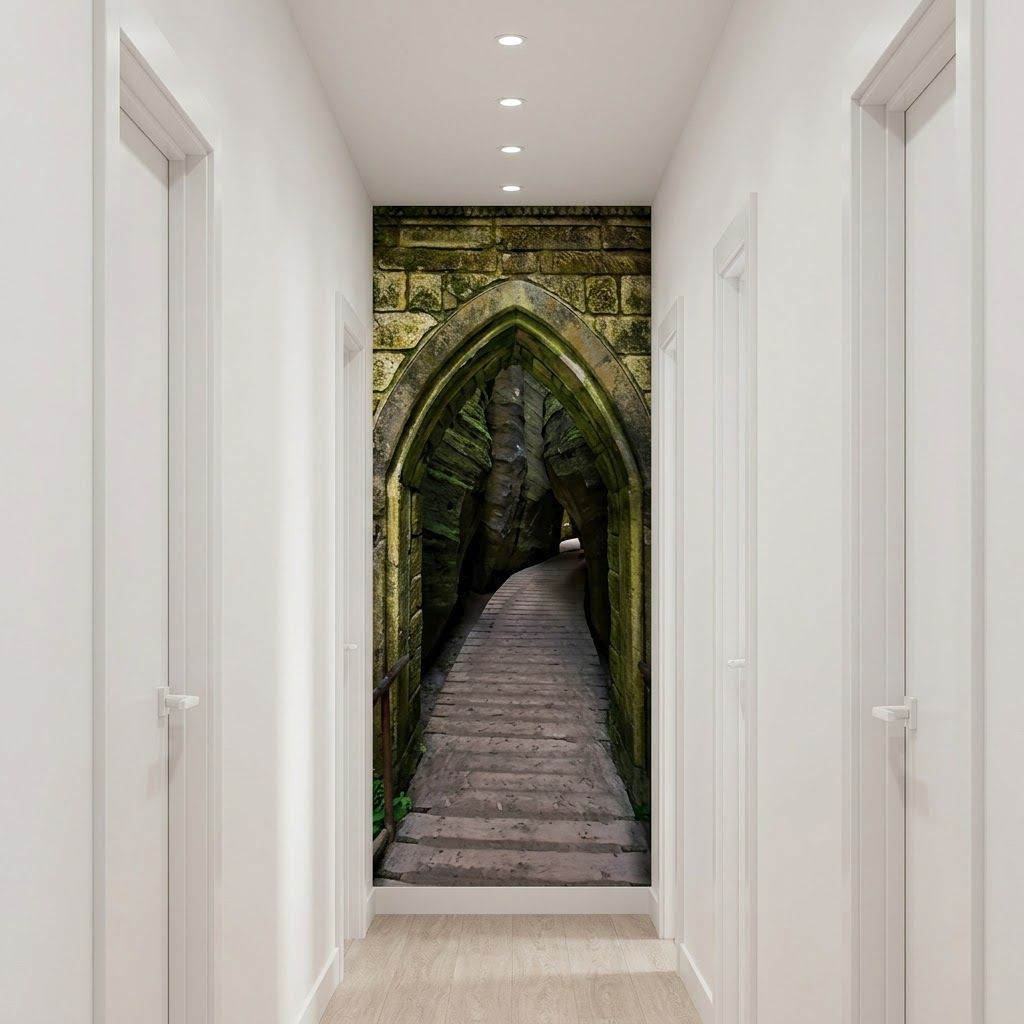 A hallway with white walls and doors, featuring a large wall mural or wallpaper insert depicting a stone gothic archway and wooden staircase.