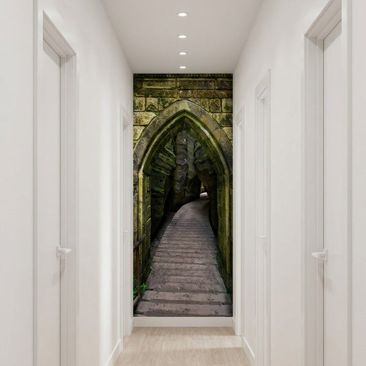 How to decorate long hallway? A large wall mural or wallpaper insert depicting a stone gothic archway and wooden staircase.
