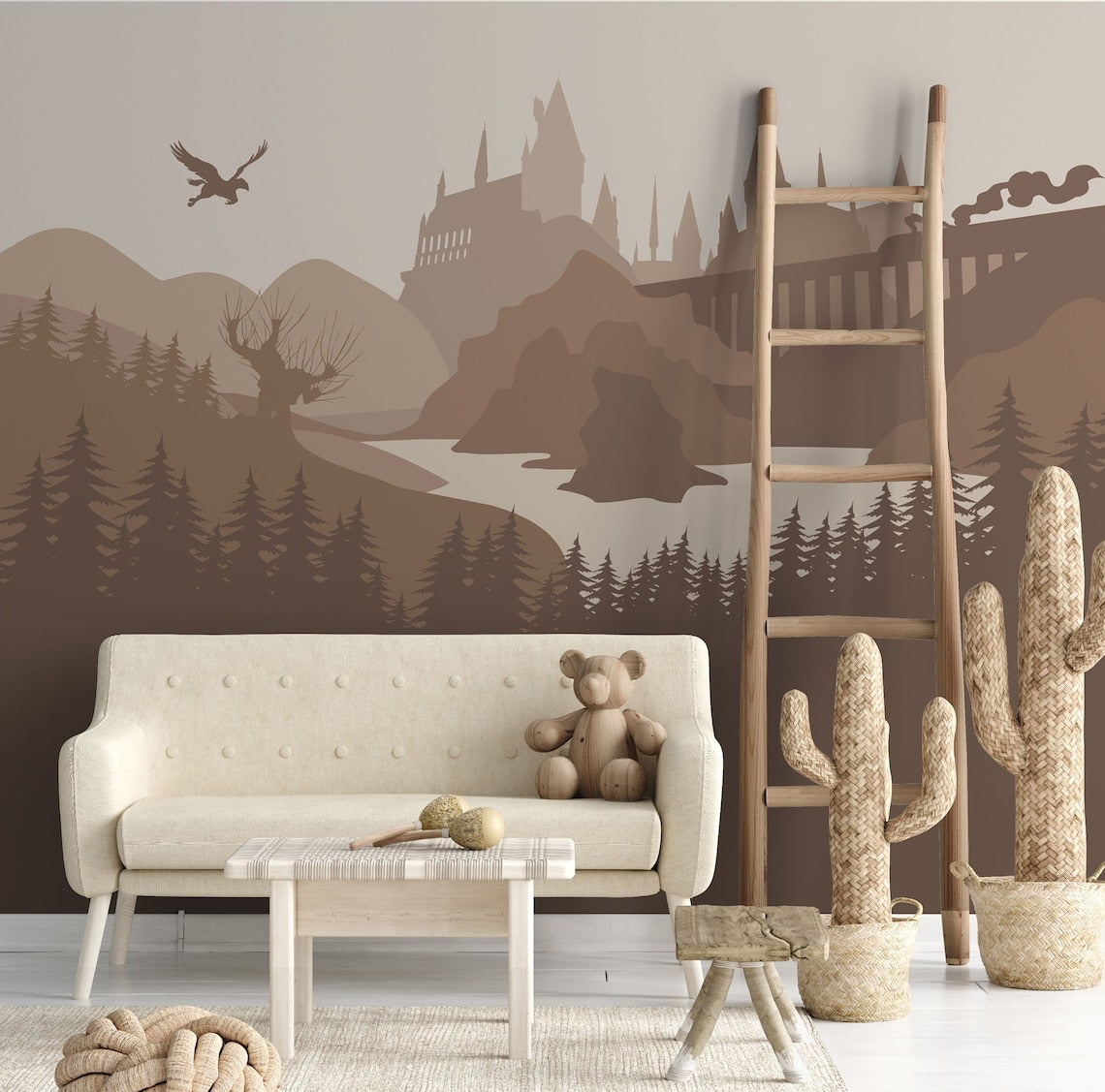 Castle Wall Mural For Nursery. Decal, Wallpaper, Tapestry. Brown Palette