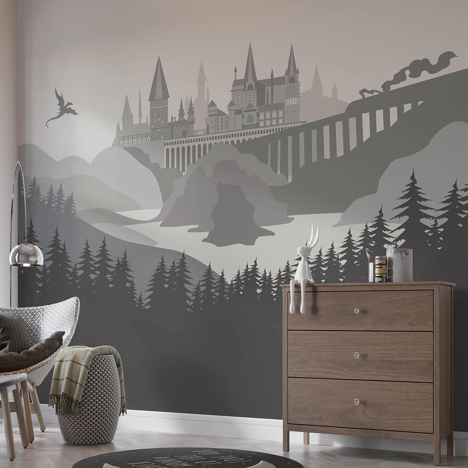 Monochrome Grey Castle Silhouette Wall Mural