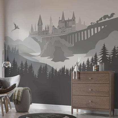 Monochrome Grey Castle Silhouette Wall Mural