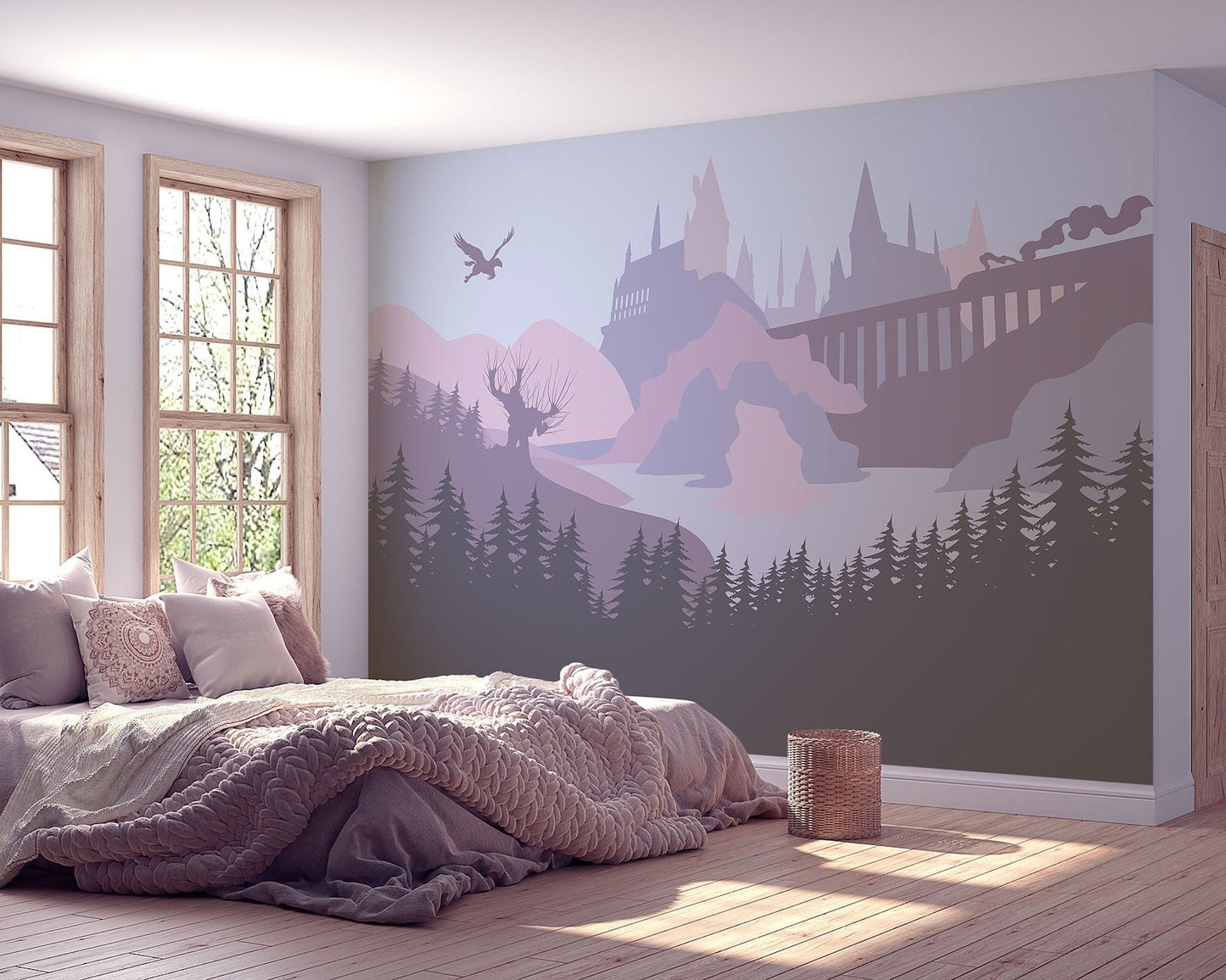 Castle Wall Mural - Decal, Wallpaper, Tapestry. Lavender-pink palette v1