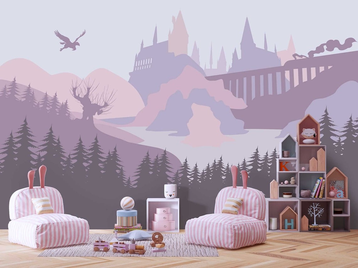 Wizards Castle Wall Mural - Decal, Wallpaper, Tapestry. Lavender-pink palette v1