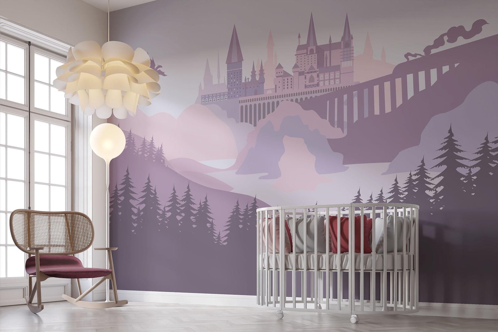 Children's room with a mural of a castle and trees on a purple wall, a crib, and a chair.