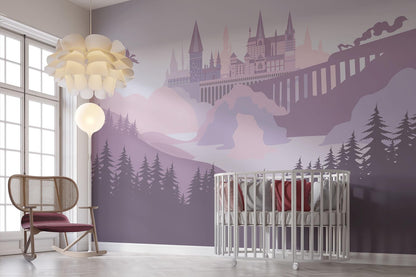 Children's room with a mural of a castle and trees on a purple wall, a crib, and a chair.