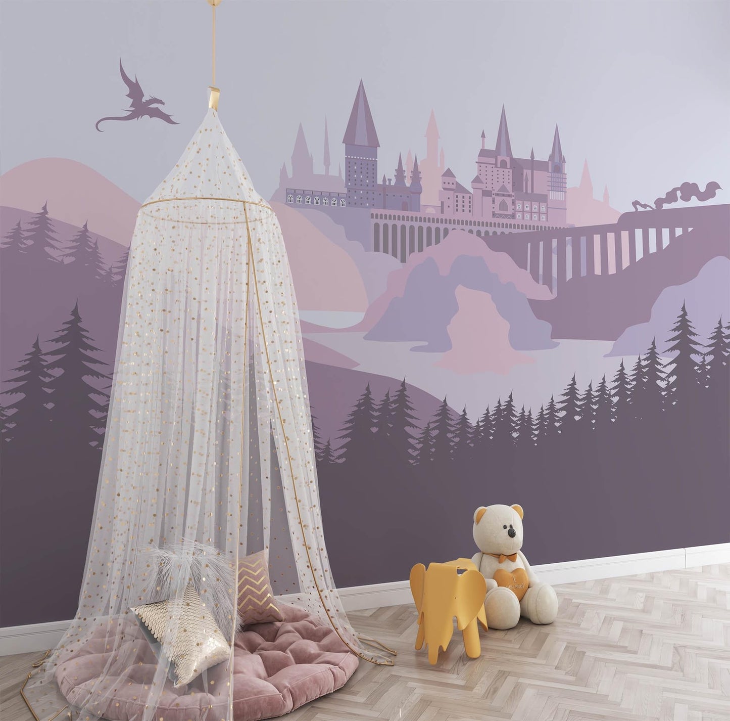 Magical School Wall Mural Pastel Purple Nursery Decor