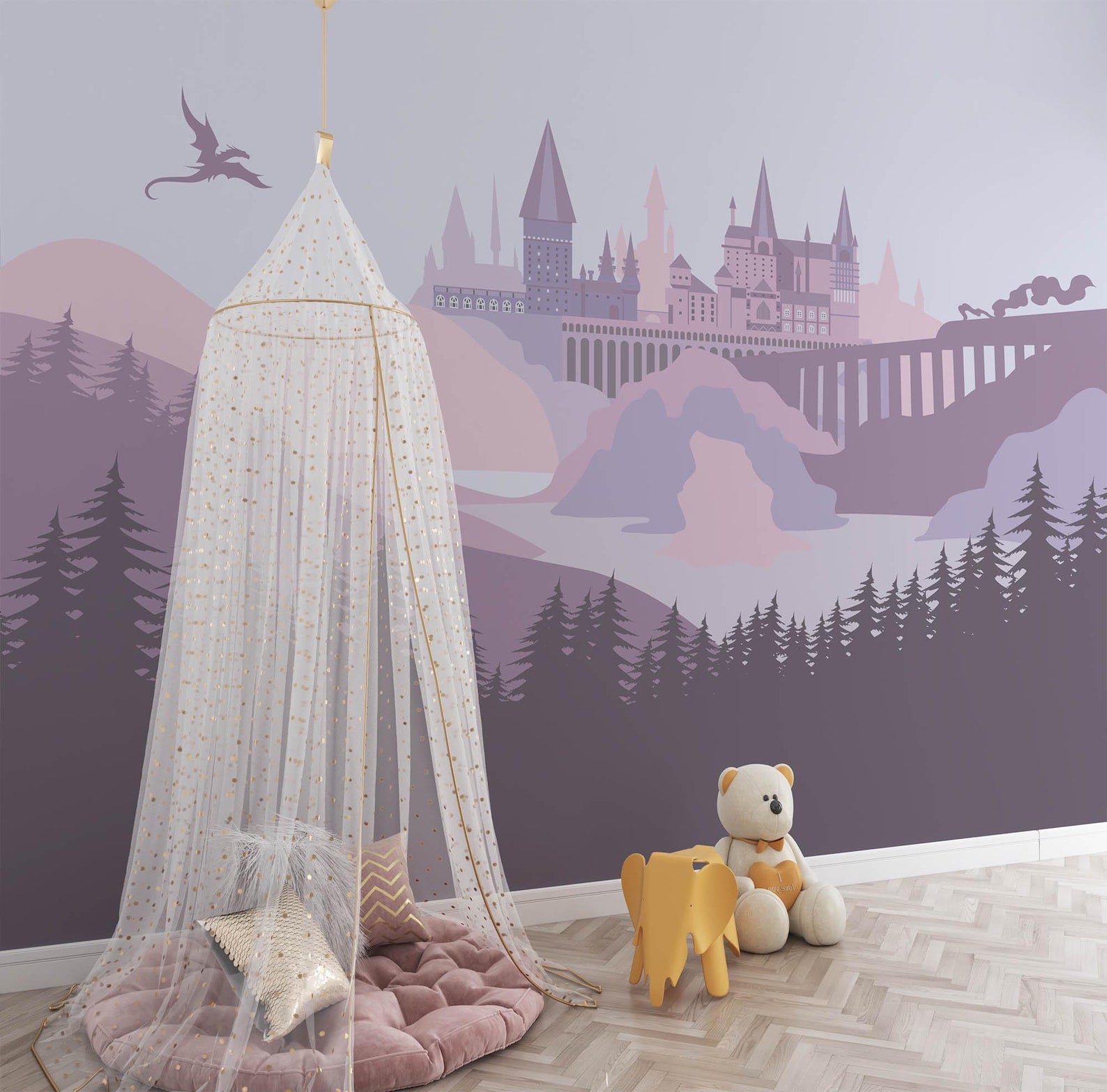 Magical School Wall Mural Pastel Purple Nursery Decor