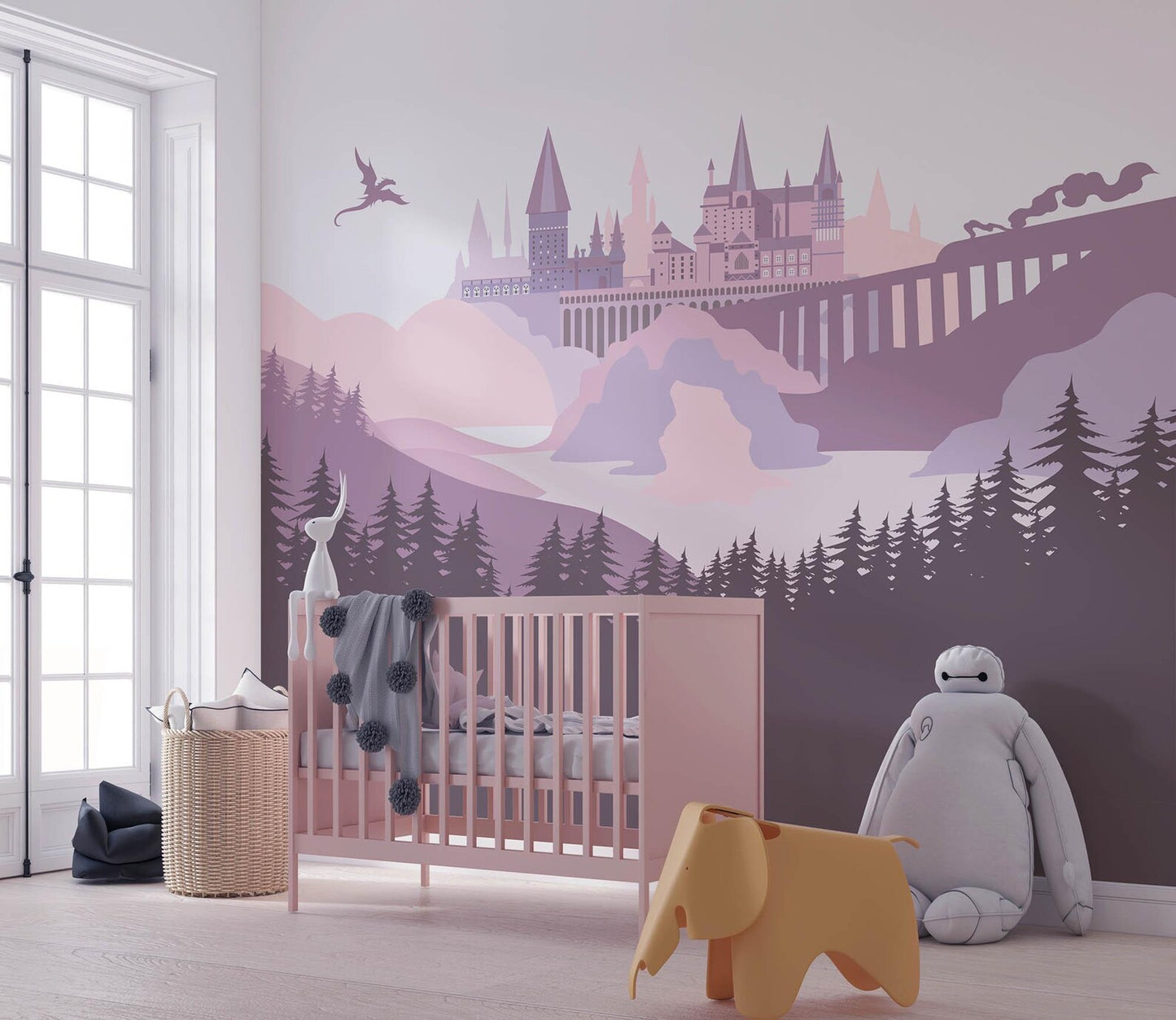 Fantasy Castle Wall Mural Pink Magic Train Kids Wallpaper