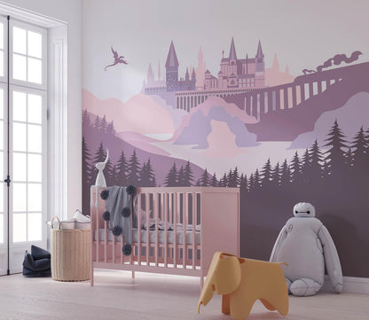Fantasy Castle Wall Mural Pink Magic Train Kids Wallpaper