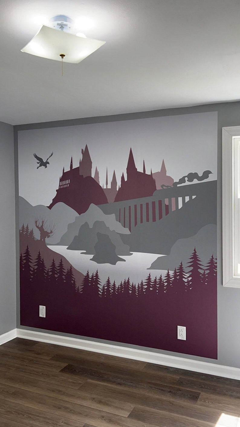 Wizards Castle Wall Mural. Decal, Wallpaper, Tapestry. Mauve-grey palette