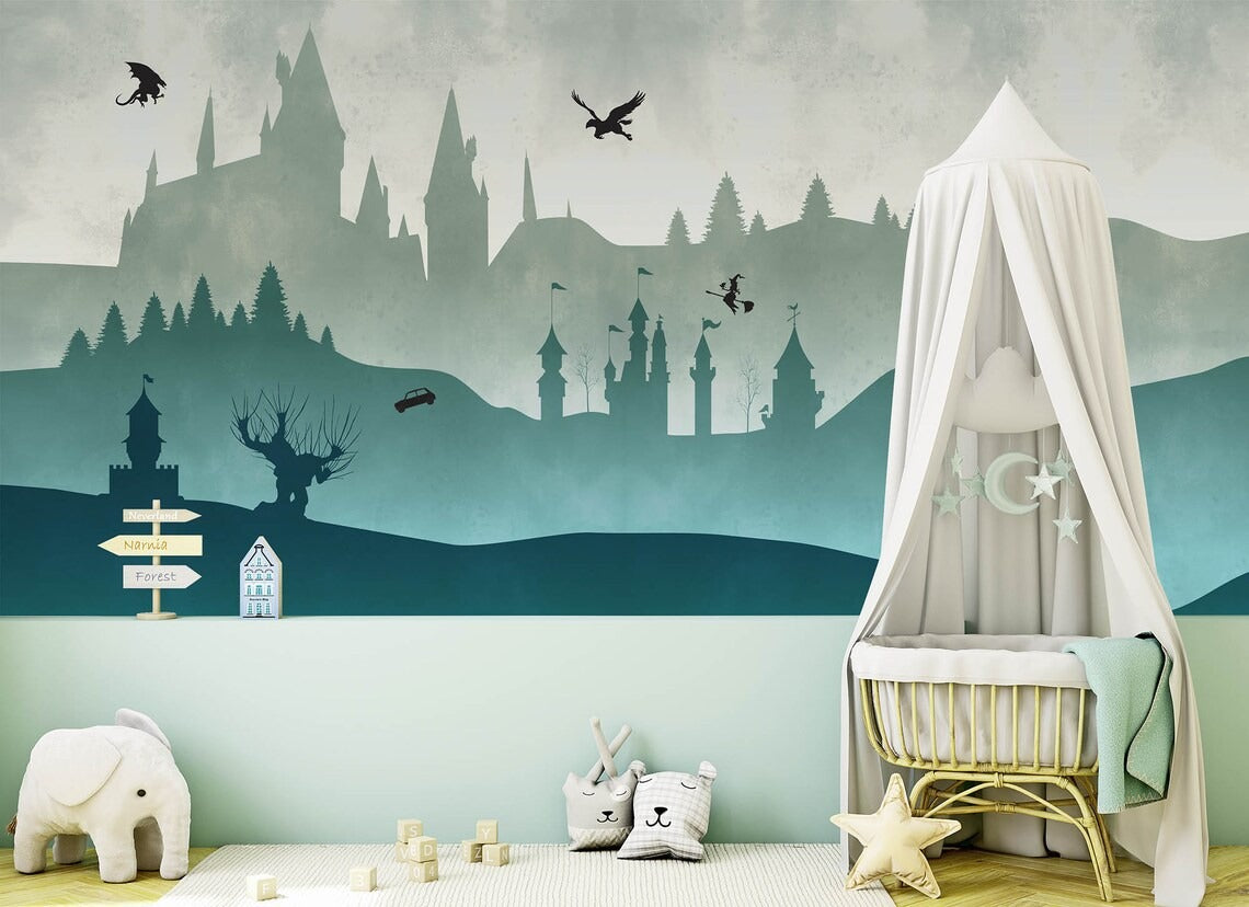 Full Wall Decals For Nursery - Castle. Self-adhesive Mural, Wallpaper, Tapestry. Dark Teal Palette