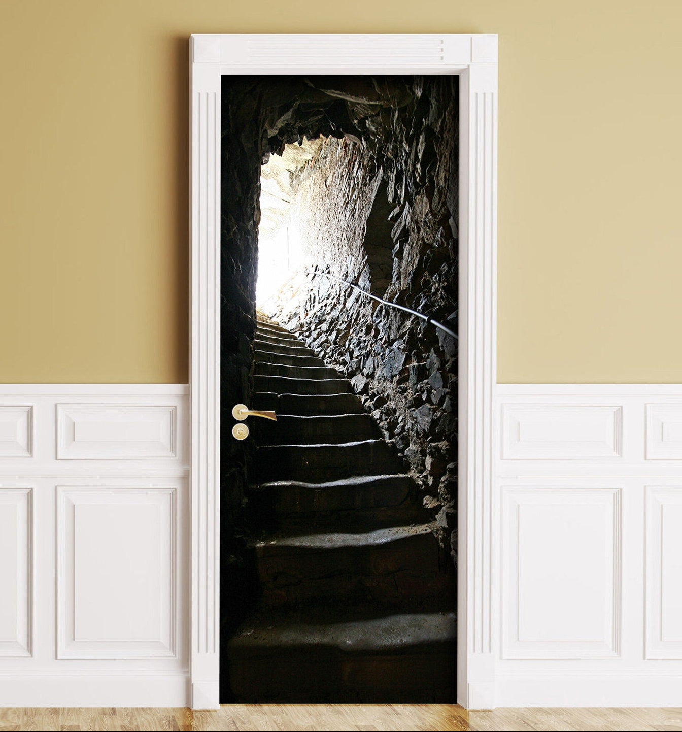 Cellar Stairs Door Wrap Peel and Stick 3D Rock Tunnel Mural