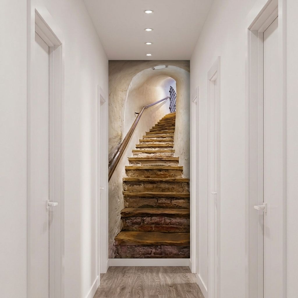 A hallway with white walls and doors, featuring a large wall mural of a rustic wooden staircase leading up an arched stone staircase in the distance.