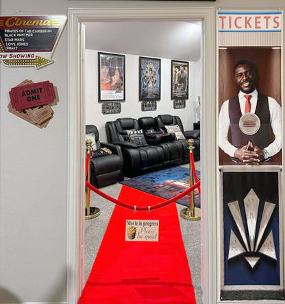 Movie Room Door Mural, Cinema Ticket Booth with Cheerful Usher, self-adhesive, single piece