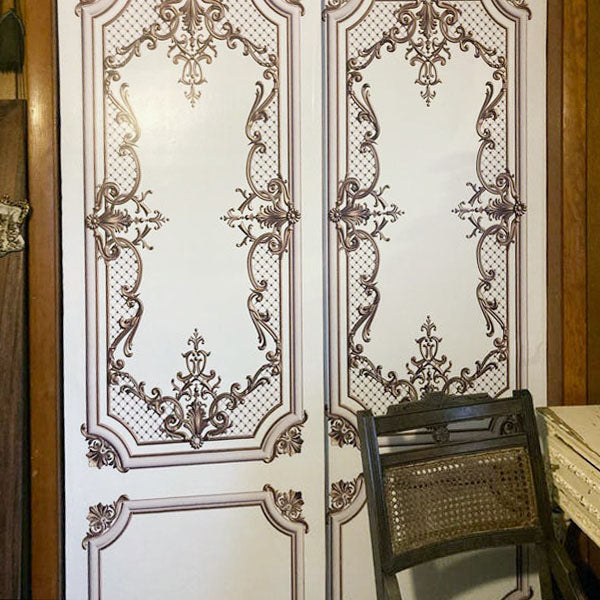 Classic Door Wrap Mural | White with Gold Curves | Single Piece, Self-adhesive