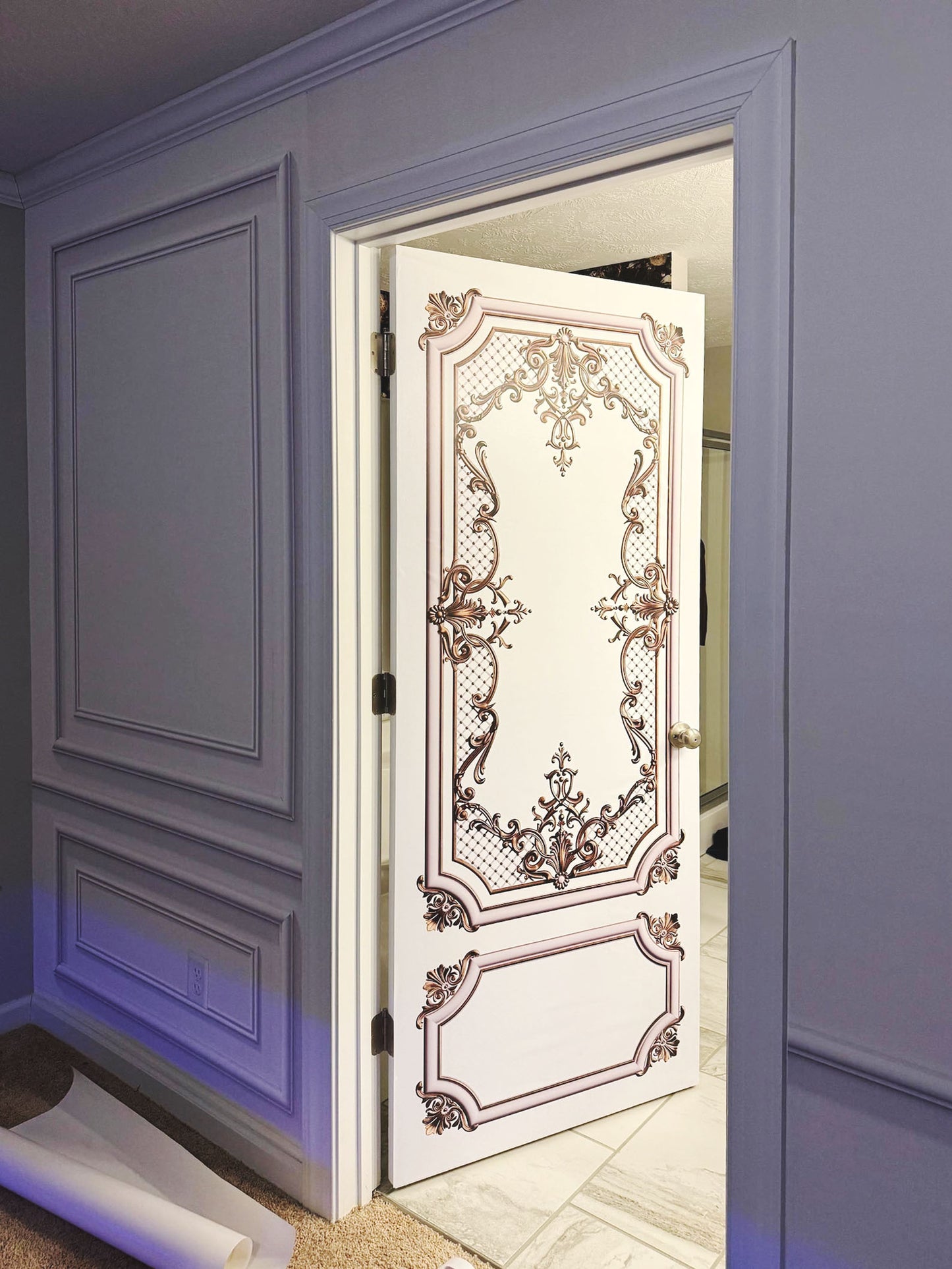 Classic Door Wrap Mural | White with Gold Curves | Single Piece, Self-adhesive