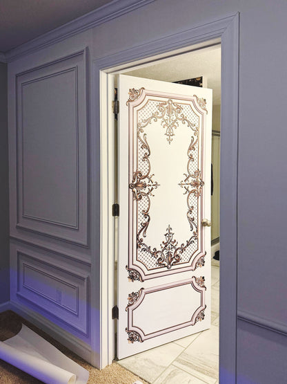 Classic Door Wrap Mural | White with Gold Curves | Single Piece, Self-adhesive